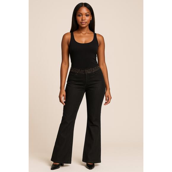 Y2K Glam Beaded Waist Black Bootcut Pants Masi G Size Medium - Picture 1 of 5